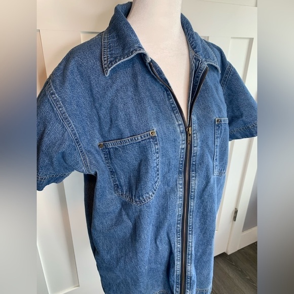 Vintage Denim Short Sleeve Top Full Zip Up Size Medium - Picture 2 of 10